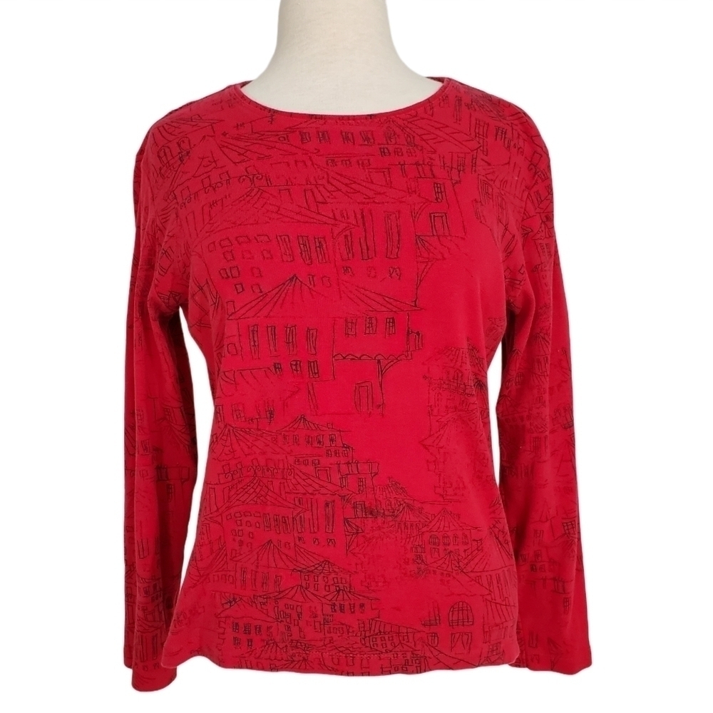 Chico's Red Italian Town Landscape Long-Sleeved Knit Top